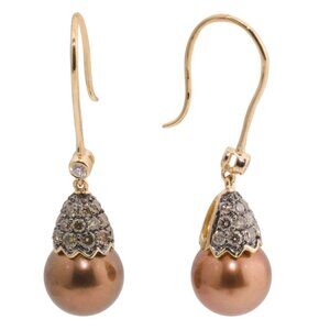 LE VIAN gold/chocolate 14kt Gold Diamond And Chocolate Pearl Drop Earrings